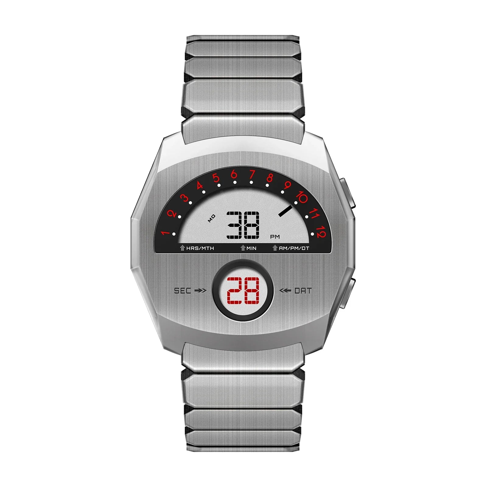 Giorgio Mareno NEPTIOR retro-futuristic metal digital dual display watch with sleek design and modern metallic finish.