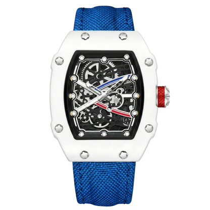 Skeleton tonneau sport watch by GIORGIO MARENO featuring a skeleton dial and sporty design in a tonneau-shaped stainless steel case.