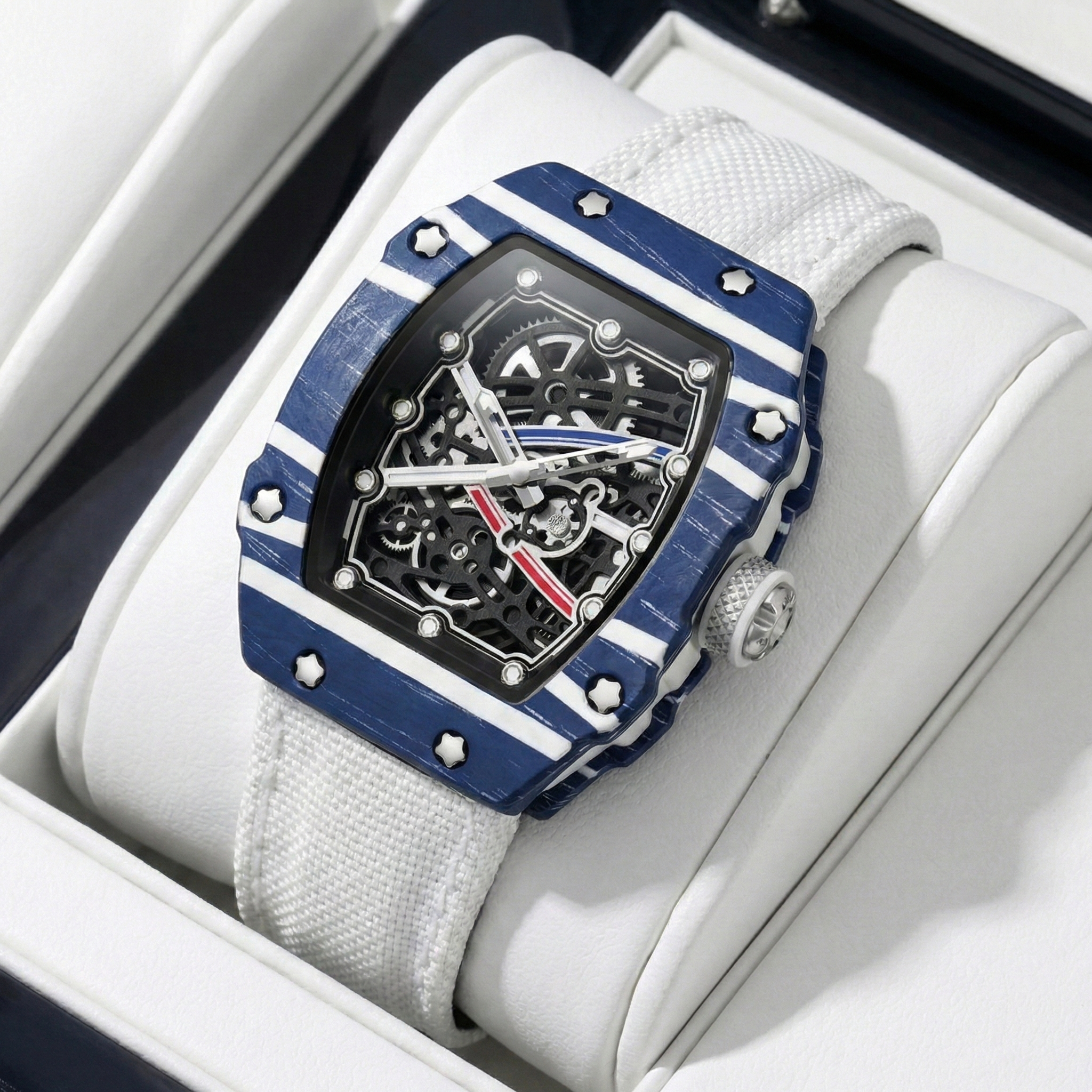 Skeleton Tonneau Sport Watch by GIORGIO MARENO featuring a skeleton dial and tonneau-shaped stainless steel case.