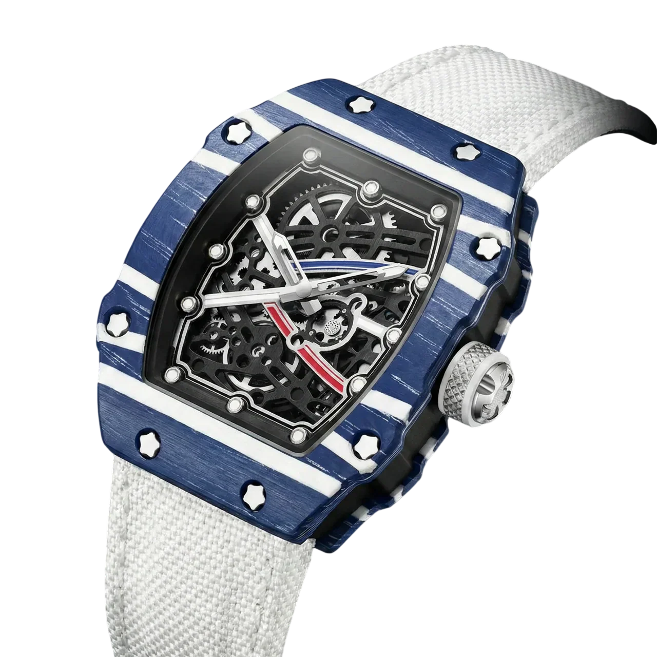 Skeleton Tonneau Sport Watch by GIORGIO MARENO with a skeleton dial and tonneau-shaped case, featuring sporty design details.