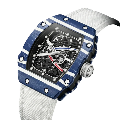 Skeleton Tonneau Sport Watch by GIORGIO MARENO with a skeleton dial and tonneau-shaped case, featuring sporty design details.