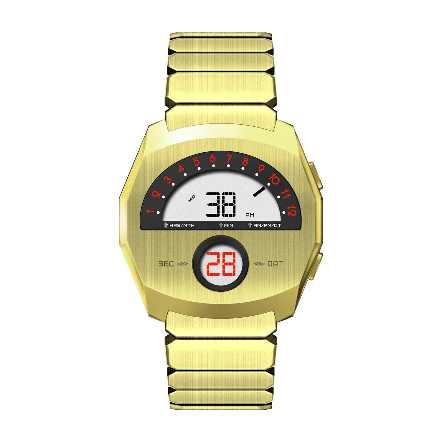 Giorgio Mareno NEPTIOR retro-futuristic metal digital dual display watch with sleek design and modern digital interface.