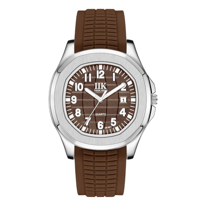 Giorgio Mareno ZAFYRON modern wristwatch with black dial and silver stainless steel band, close-up view of the watch face