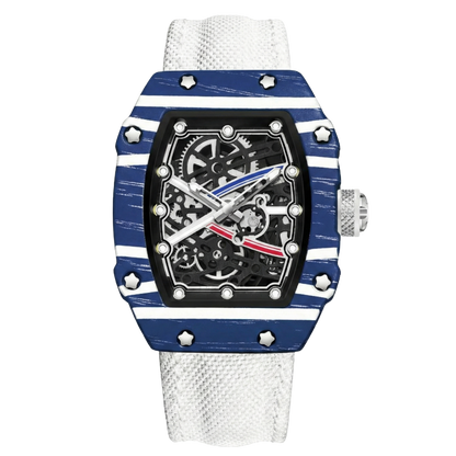 Giorgio Mareno KARYVEX Skeleton Tonneau Sport Watch with black dial, silver case, and sporty design.