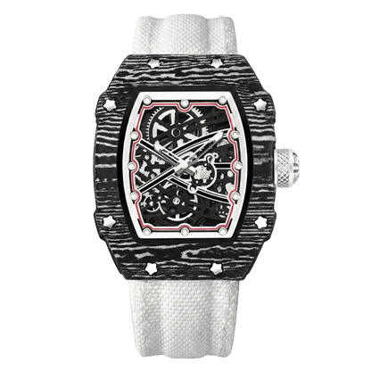 Skeleton Tonneau Sport watch by Giorgio Mareno featuring a skeleton dial and sporty design with black and silver tones.