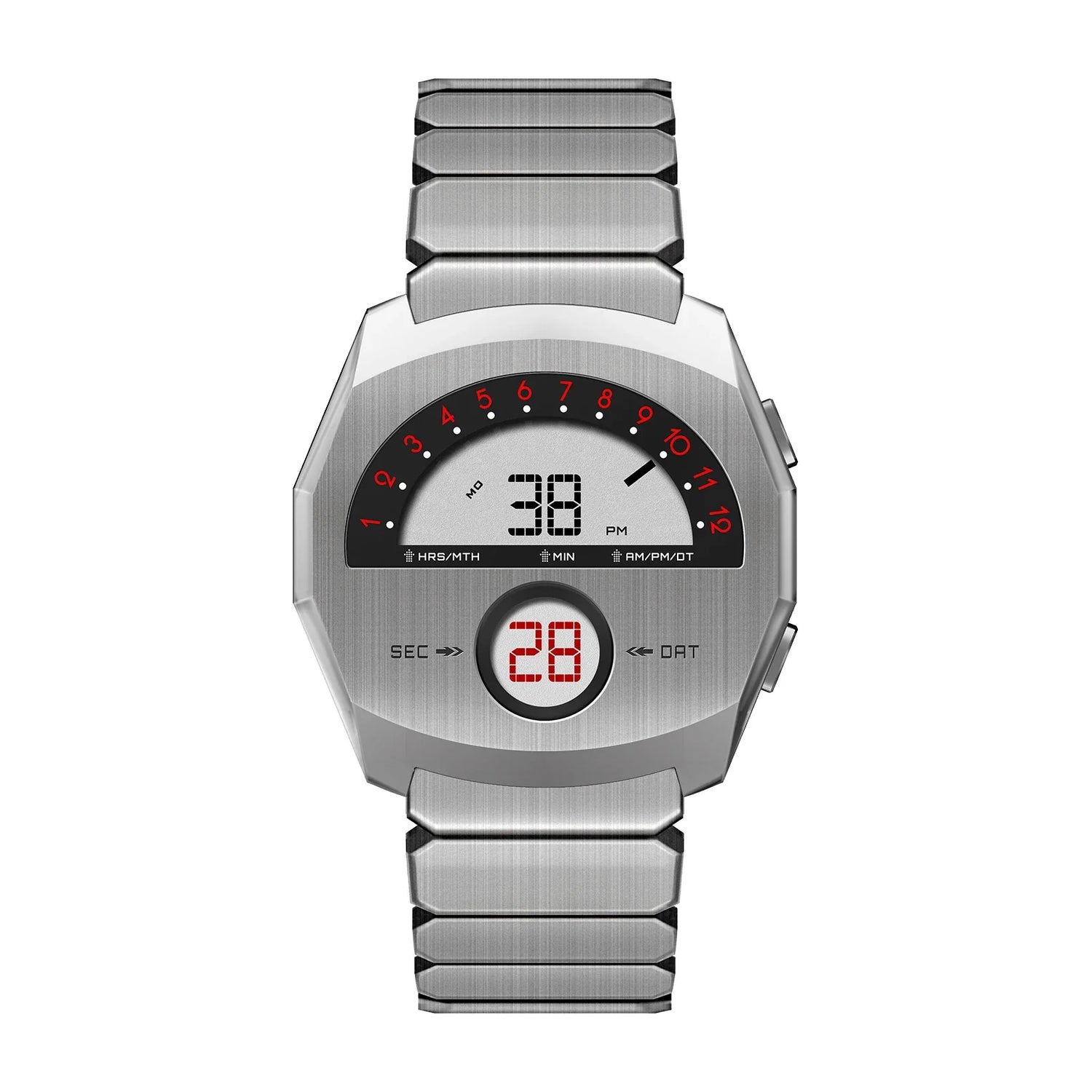 Giorgio Mareno NEPTIOR retro-futuristic metal digital dual display watch with sleek design and modern metallic finish.