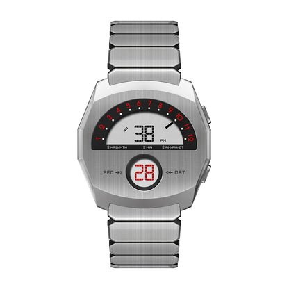 Giorgio Mareno NEPTIOR retro-futuristic metal digital dual display watch with sleek design and modern metallic finish.