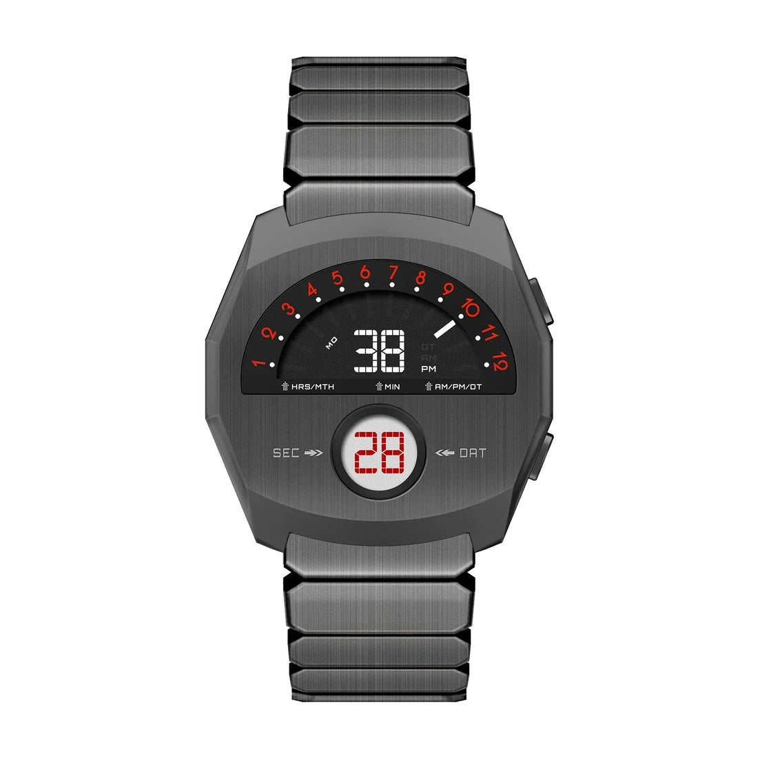Fiorist futuristic digital metal watch with dual display and metal bracelet by GIORGIO MARENO, showcasing its sleek, modern design.