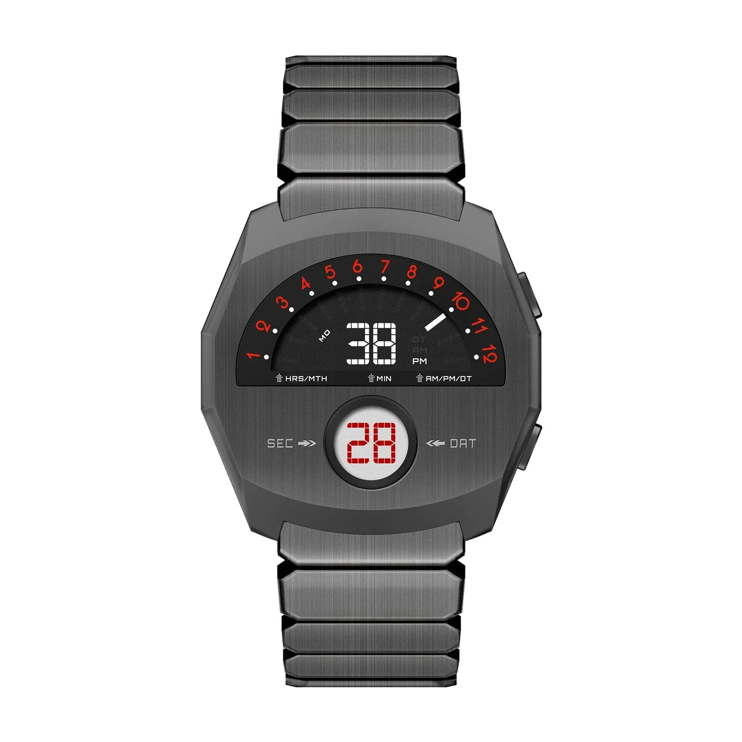 Fiorist futuristic digital metal watch with dual display and metal bracelet by GIORGIO MARENO, showcasing its sleek, modern design.