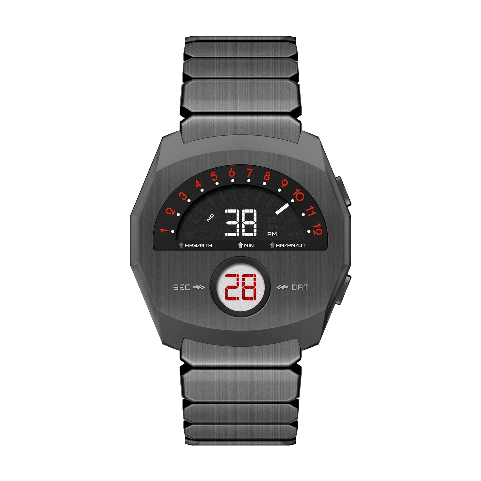 Fiorist futuristic digital metal watch with dual display and metal bracelet by GIORGIO MARENO, showcasing its sleek, modern design.